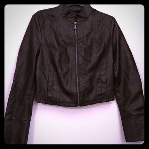 Dark brown leather jacket.